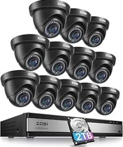 ZOSI 16 Channel Security Camera System 1080p, 2MP H.265+ Hybrid 16CH DVR with AI Human Vehicle Detect, 12 x 1080p CCTV Dome Camera Outdoor, 80ft Night Vision, 90° View Angle, Remote Access, 2TB HDD