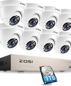 ZOSI 8CH PoE Home Security Camera System with Hard Drive 1TB,H.265+ 8-Channel 5MP 2K+ CCTV NVR,8pcs Wired 1080P 2MP Outdoor Indoor PoE IP Dome Cameras with Night Vision, Motion Alert, Remote Access