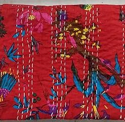 YUVANCRAFTS Indian Hand Block Floral Print Kantha Quilt Handmade Vintage Queen Size Cotton Kantha Throw Blanket Bedspread (Red, Twin Size)