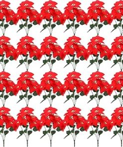 Yunlly 24 Pcs Christmas Artificial Poinsettia Flowers Decorations Flowers 5 Heads Velvet Plastic Flowers Red Bouquets for Home Garden Indoor Outdoor Craft Wedding Party Table Floral Accessories