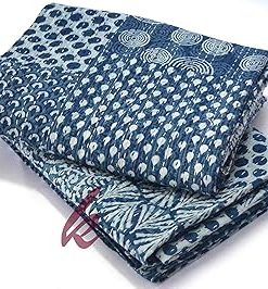 YUVANCRAFTS Indian Bgaru Indigo Print Kanhta Quilt Handblock Vintage Queen Kantha Throw Banket Bedspread Fish Print