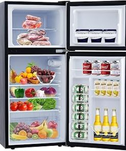 Zstar 4.5 Cu.Ft Mini Fridge with Freezer Freestanding, Energy-efficient Compact Refrigerator for Bedroom Office Dorm, 5 level Adjustable Thermostat, Stainless Steel 2 Doors, Crisper Drawer, 128L