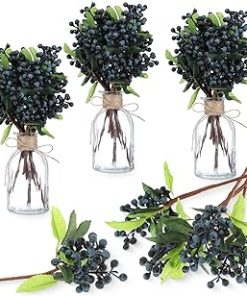 Yunsailing 30 Pcs Artificial Blue Berry Stems Bulk, 9.8 Inch Faux Berry Picks with Green Leaves, Fake Short Branch Fruit Flower for Christmas Tree Garland Home Wedding DIY Party Decoration(Blue)