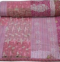 YUVANCRAFTS Indian Handmade Patchwork Kantha Quilt Traditional Vintage Quilt Queen Size Cotton Kantha Throw Blanket Bedspread
