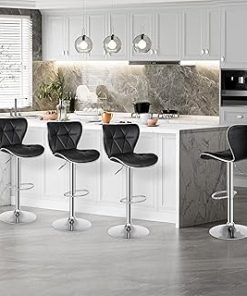 ZENY Adjustable Swivel Bar Stools Set of 4, Counter Height Bar Stools with Back, PU Leather Shell Back Tall Stools Set, Modern Armless Bar Chairs, Black
