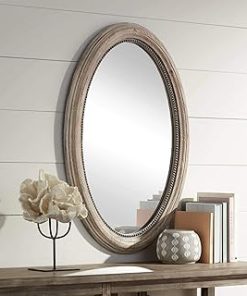 Zahra Oval Vanity Decorative Wall Mirror Vintage Rustic Farmhouse Natural Brown Wooden Frame Beaded Trim 23 1/2" Wide for Bathroom Bedroom Living Room Home Office Entryway