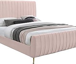 Zara Collection Modern | Contemporary Velvet Upholstered Bed with Deep Channel Tufting and Custom Gold Legs, King, Pink