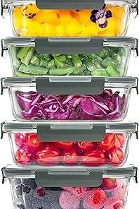 Zulay Kitchen 5 Pack Glass Meal Prep Containers with Lids - Airtight, Premium Borosilicate Glass Food Storage Containers - Microwave, Freezer & Oven Safe, BPA Free - Gray