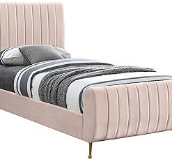 Zara Collection Modern | Contemporary Velvet Upholstered Bed with Deep Channel Tufting and Custom Gold Legs, Twin, Pink