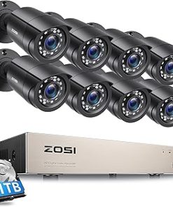 ZOSI 8CH Home Security Camera System Outdoor with 1TB Hard Drive,H.265+ 5MP Lite CCTV DVR,8pcs Weatherproof Surveillance Cameras,80ft Night Vision,Motion Alert,Remote Access for 24/7 Recording
