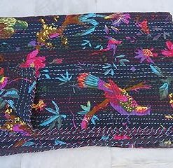 YUVANCRAFTS Indian Handmade Cotton Kantha Quilt Traditional Hand Block Print Twin Quilt Blanket Bedspreads Throw (White)