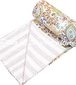 YUVANCRAFTS Indian Hand Block Floral Print Kantha Quilt Handmade Vintage Queen Size Cotton Kantha Throw Blanket Bedspread (White Palm Tree, Queen Size)
