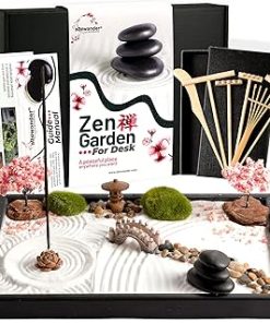 Zen Garden Kit for Desk 12x8in Sand Tray, Japanese Gift Set 14 Accessories and 6 Tools, Meditation Mini Zen Garden for Desk, Zen Sand Garden, Home Office Desk Decorations, Sand Therapy Kit, Rock Decor