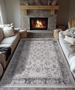 Zentavio Area Rugs 8x10 Washable Non-Slip Kid & Pet Friendly Living Room Carpets Vintage Floral Foldable Thin Low Pile Rug for Bedroom Kitchen Dining Room Grey