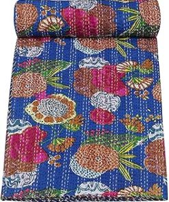 YUVANCRAFTS Indian Handmade Floral Screen Print Kantha Quilt Pure Cotton Traditonal Print Queen Quilt Blanket Bedspreads Throw