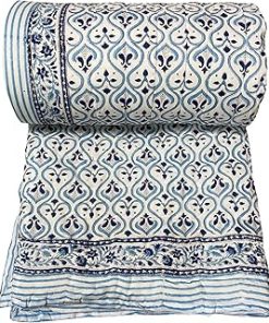 YUVANCRAFTS Indian Hand Block Print Kantha Quilt Hnadmade Twin Size Pure Cotton Single Kantha Throw Blanket Bedspread Gudari